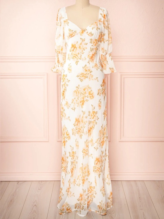 Luxxel Dresses & Skirts - Yellow Maxi Floral Puffed Sleeves Cutout Open Back Cottagecore